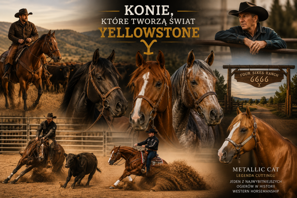 Grafika przedstawiająca konie inspirowane uniwersum Yellowstone, ranczem Four Sixes oraz światem western riding i cuttingu
