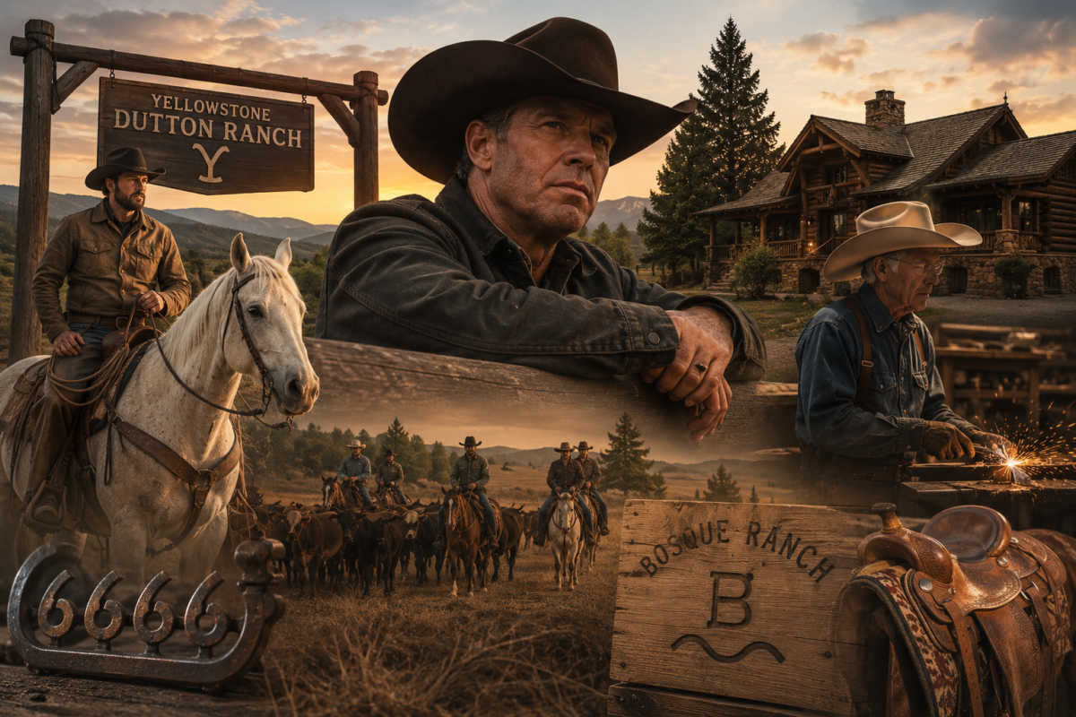 Kolaż przedstawiający świat uniwersum Yellowstone z kowbojami, ranczem, końmi i Taylorem Sheridanem inspirowany serialami Yellowstone, 1883, 1923 i Dutton Ranch